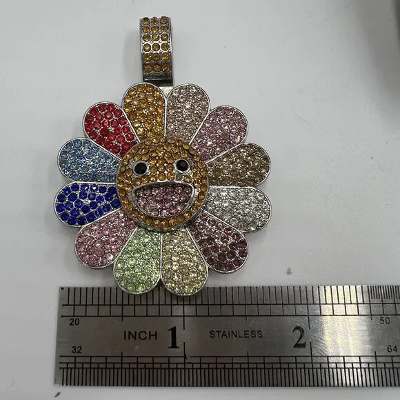 Multi Color Cubic Zirconia Flower Fidget Spinner Pendant in Silver Smiley Face